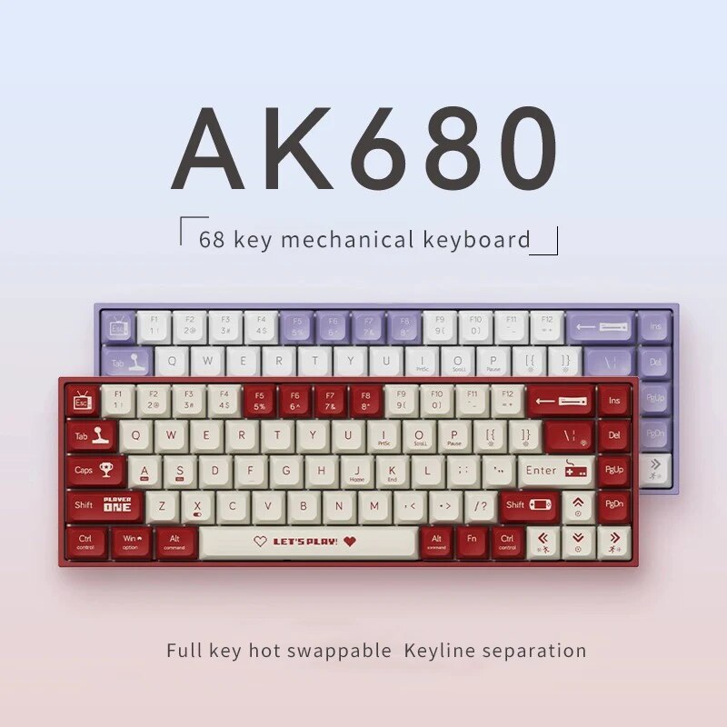 Gaming Keyboard Hot Swappable - メカニカルゲーミングキーボード,AJAZZ-AK680ケーブル,ポータブル,コンパクト,ティーまたはレッドシャフト,68キー